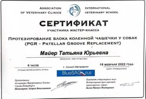 Сертификат участника мастер-класса «Протезирование блока коленной чашечки у собак», Association of Veterinary Clinics, 2022 — Т. Ю. Майер