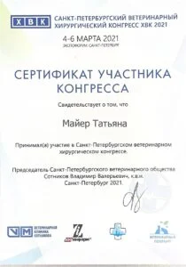 Сертификат участника Санкт-Петербургского ветеринарного хирургического конгресса ХВК 2021, Санкт-Петербургское ветеринарное общество — Т. Ю. Майер