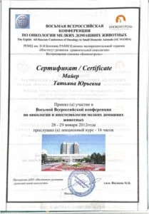Сертификат об участии в Восьмой Всероссийской конференции по онкологии мелких домашних животных, клиника «Биоконтроль», 2012 — Т. Ю. Майер
