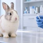 Декоративный кролик на осмотре перед прививкой в ветклинике